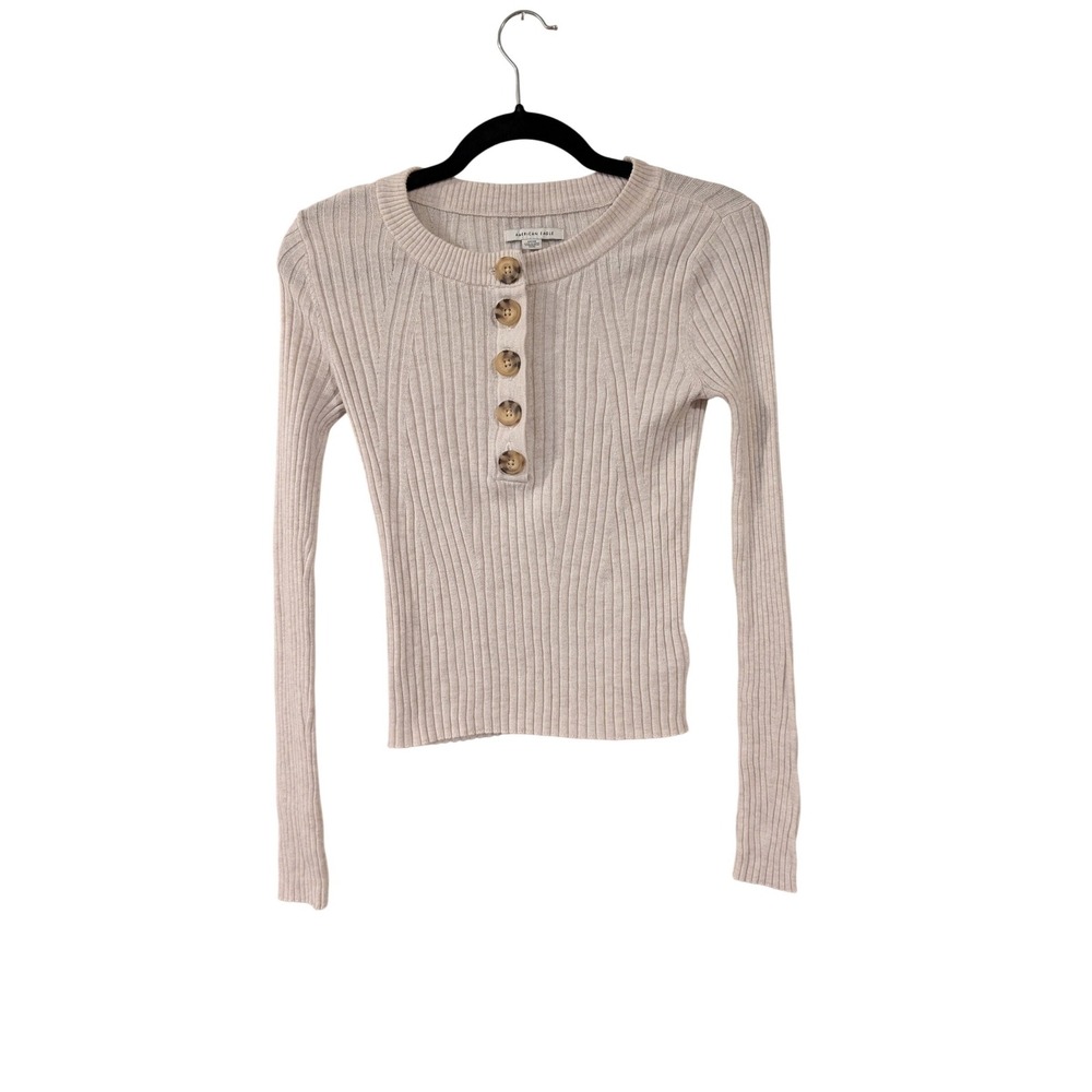 American Eagle Henley Top Womens Small Cream Ribbed Long Sleeve Button Knit